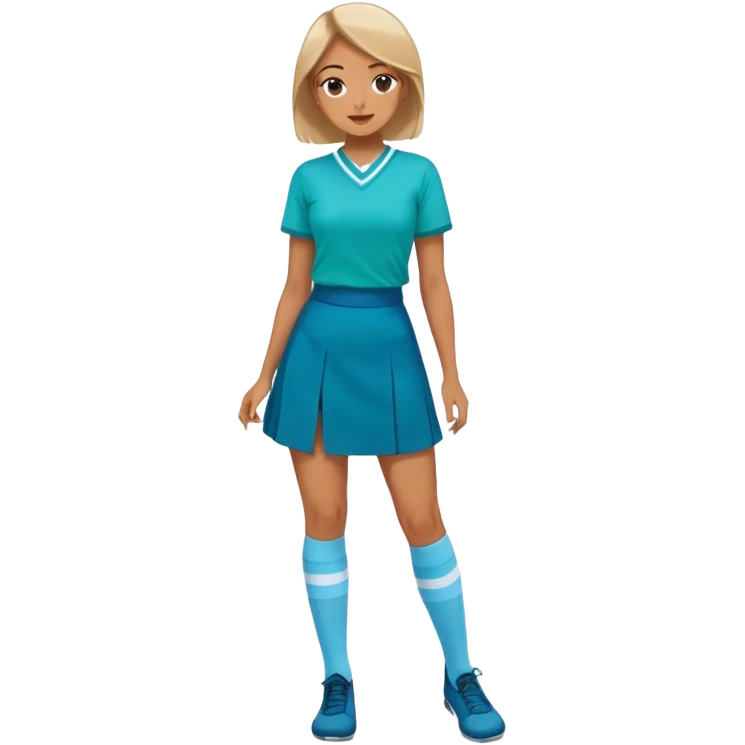 woman wearing teal wrap shirt, blue a-line skirt, light blue knee-high socks emoji