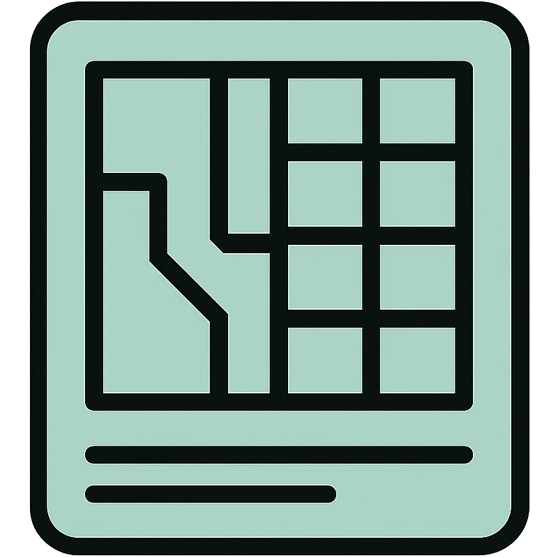 Skeuomorphic zoning document icon with mint green #B5F4D3 and black #111111 color scheme, showing a detailed map with zoning areas and grid, clean symmetric design with subtle depth and soft light emoji