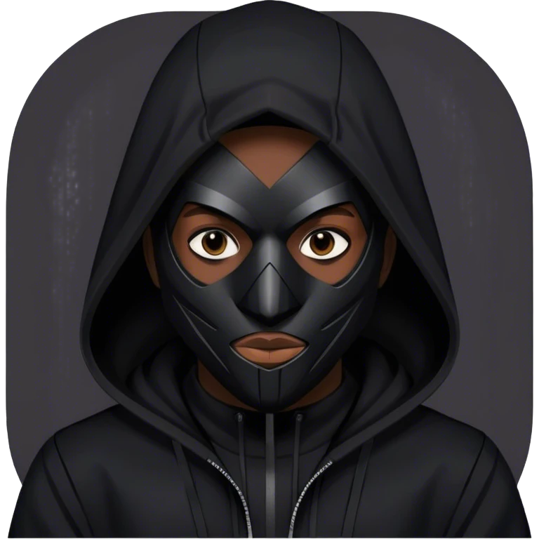 man with black hooded jacket and a full black full-face geometric mask with only black emoji