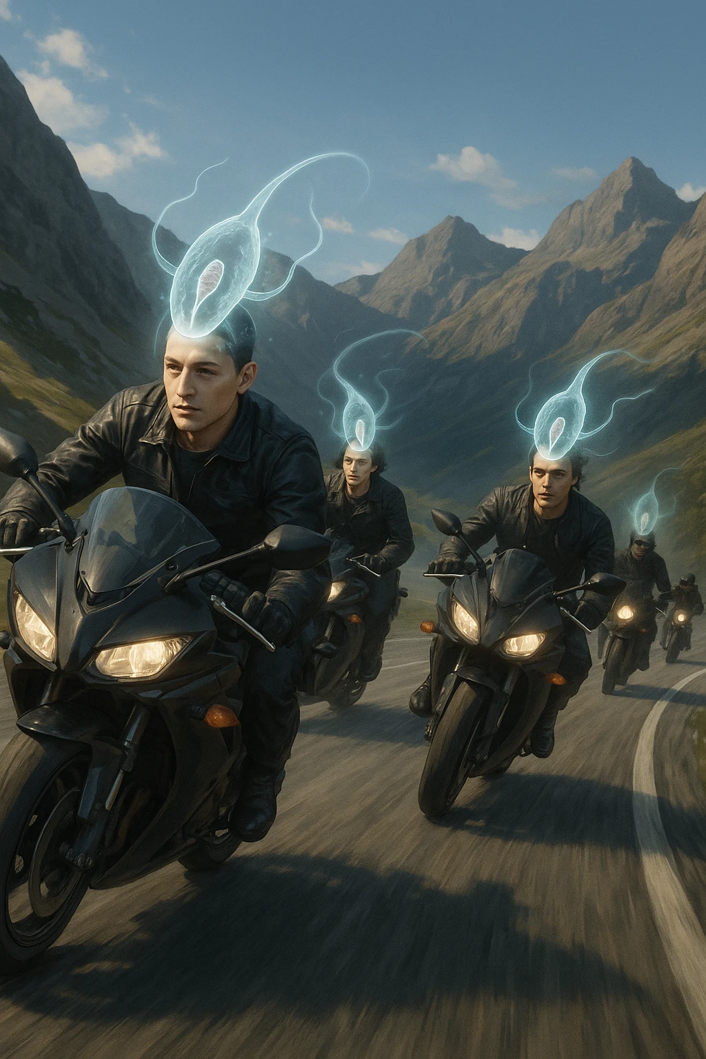 A group of motorcyclists riding aggressively along a winding mountain road at high speed. Their expressions are eerily calm and fearless. Faint, translucent parasite-like forms (symbolizing Toxoplasma gondii) overlay their heads or brains, emitting a subtle glow. emoji