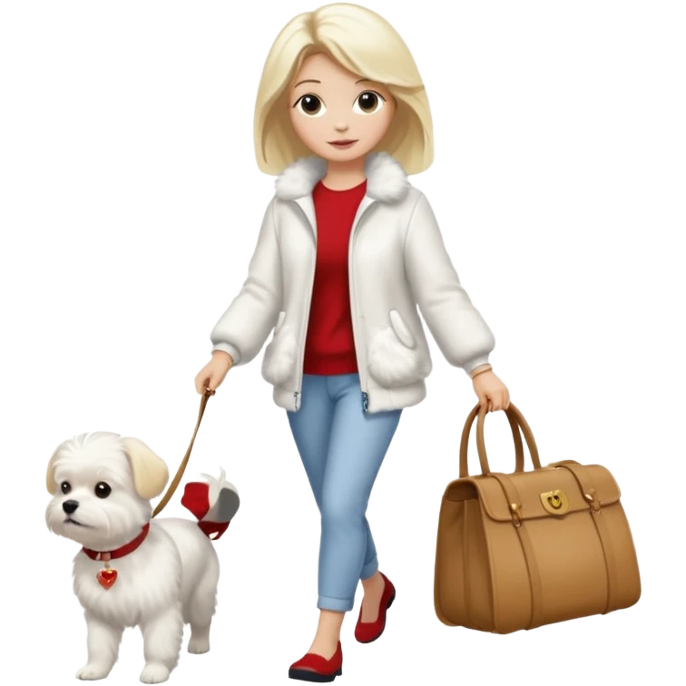 blonde woman wearing white walking only one maltese dog emoji