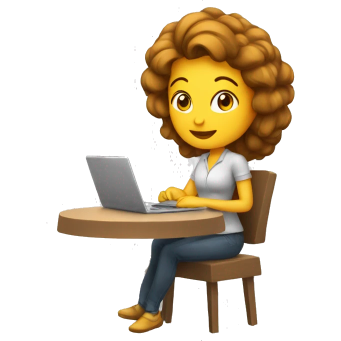 mujer con pelo cafe largo con lapto emoji