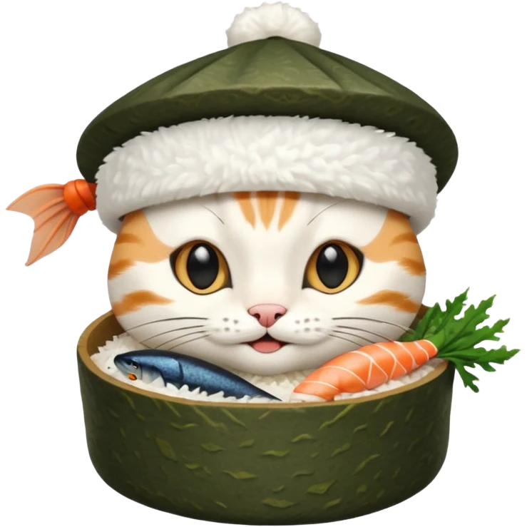 happy cat wearing a hat made out of sushi emoji