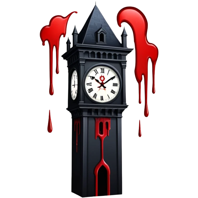 Tall clocktower with blood dripping down from the clock face, spooky night setting emoji