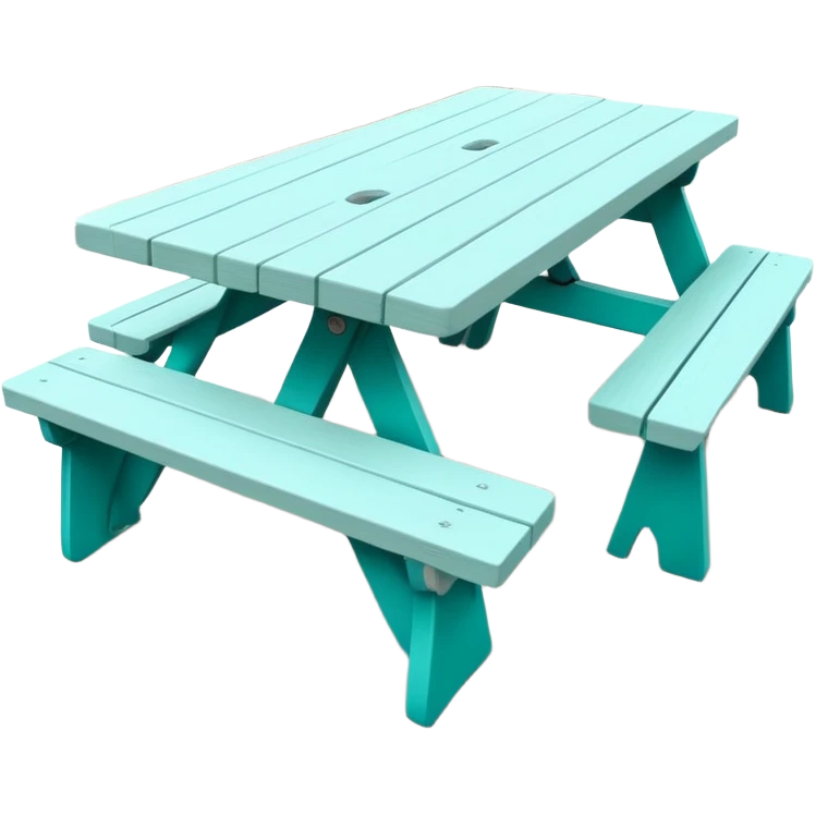 rectangular picnic table with benches, white tips on table and bench ends, straight vertical legs, soft teal color, small wheels, flat wood-style silhouette, clean geometry, minimal shading emoji