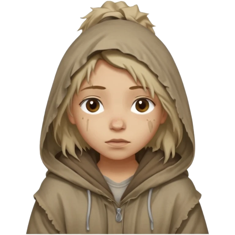 Young beggar little girl character, chest-up portrait, wearing worn and oversized clothes, hair is visible, no hat or such, neutral earth-tone fabric, slightly messy hair peeking from under a hood, tired but gentle eyes, subtle dirt marks on face, emoji