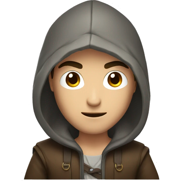 human male rogue with brown hair wearing a hood lifting eyebrows emoji
