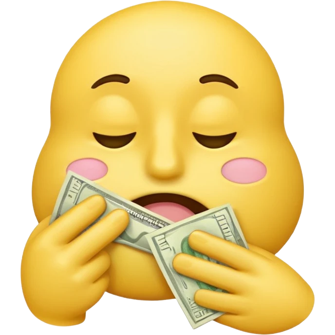 yellow emoji character wiping its nose with a stack of money, expressive face, classic emoji style emoji
