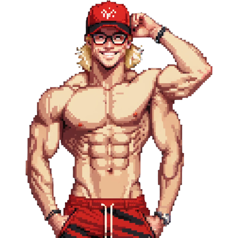 Skinny man with muscular definition, black and white cap with VANOMAS text, bare torso, red shorts, clear glasses, messy light blond hair, flexing muscles and smiling emoji