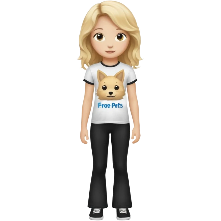 10 year old girl wearing flares black leggings and and a t-shirt that says " Free pets for lifee 💓" and her hair is blonde Wavy emoji