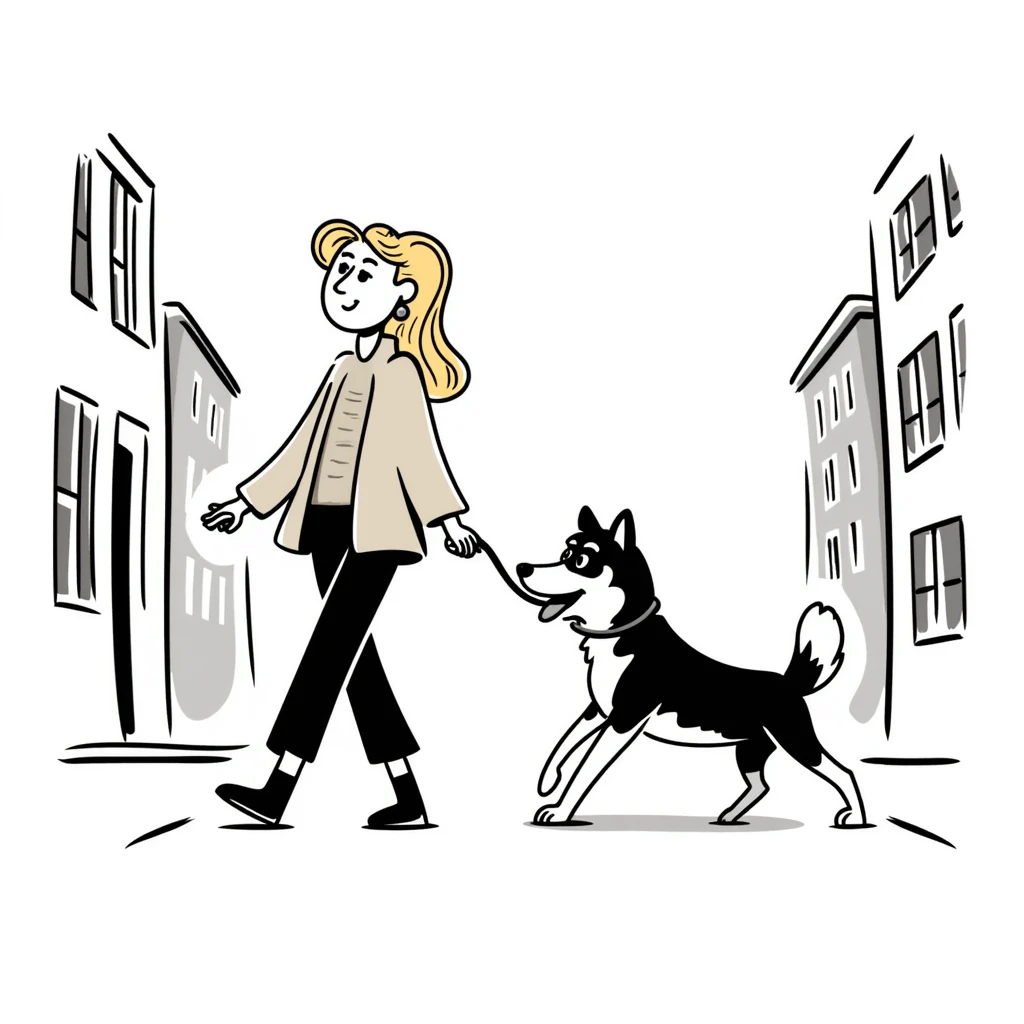 Blonde woman wearing a sweater walking a happy Siberian husky in New York City on an upper east side city sidewalk  emoji