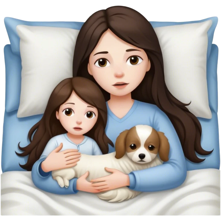 Brunette Long hair sick in bed with little white dog emoji