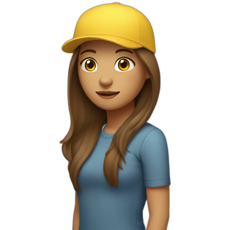 a girl with long brown hair, with a bandaid in her nose and a yellow backward cap emoji