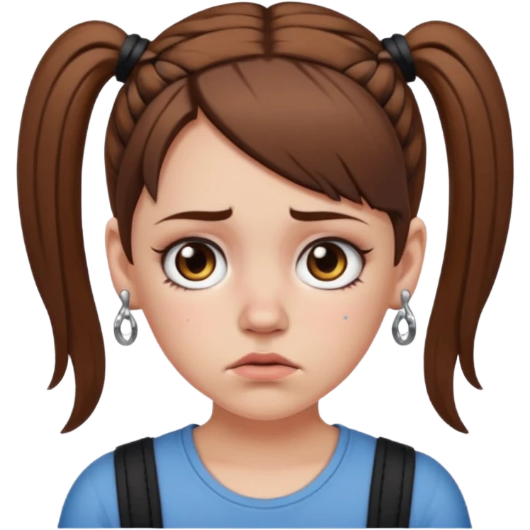 a white girl with brown hair in short pigtails with piercings frowning emoji
