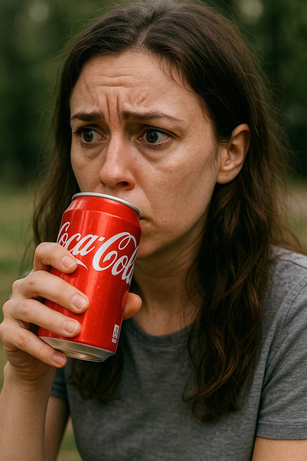 donna con ansia. Che beve coca cola. Immagini realistiche emoji