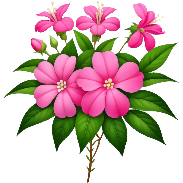 big bouquet pink Impatiens Balsamina flower, stem, leaf emoji