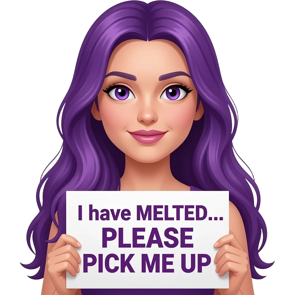 sexy girl with long purple hair and purple eyes holding a I have MELTED... PLEASE PICK ME UP sign emoji