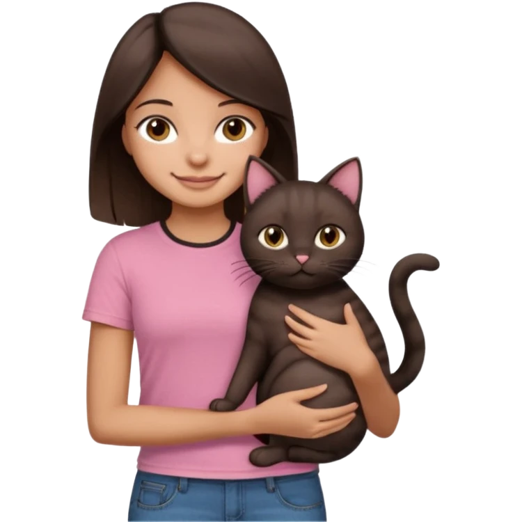 As una chica con piel marron claro con el pelo  medio largo color marron oscuro que tenga la chica una camiseta rosada mangas cortas con un jean claro que tenga ojos marrones la chica que la chica este sonriendo mientras sostiene entre sus brazos 1 gato negro gordito. emoji