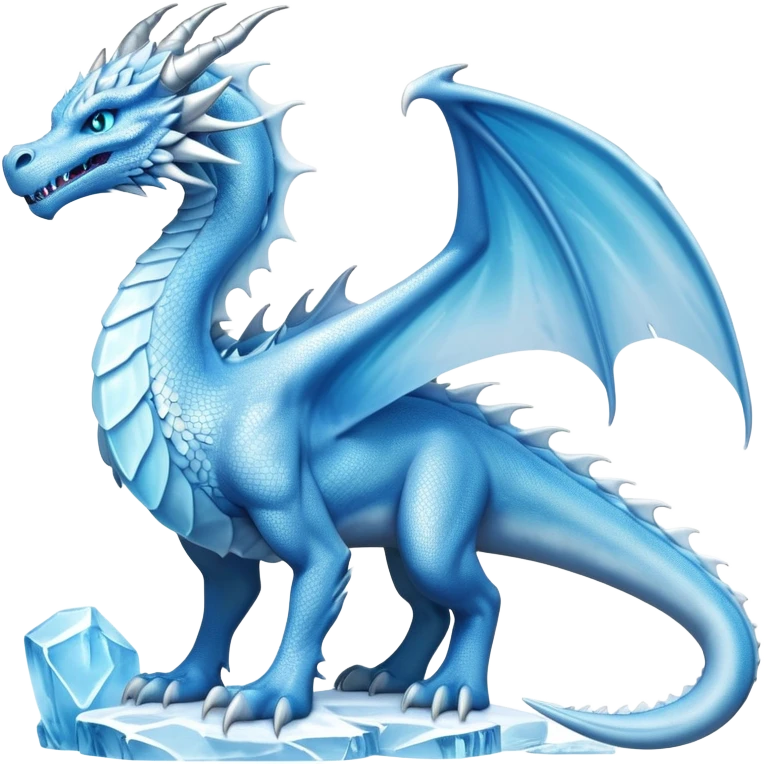 Cinematic Noble wise elegant Ice Dragon full body  Emoji, Poised and imposing, distinct long elegant snout, with a slender, scaled body shimmering in glacial hues of icy blue, frostbitten silver, and crystalline white, breathing out frost, with piercing, glowing ice blue white eyes that radiate the chilling depths of an arctic storm; rendered in detail. excuding wisdom emoji