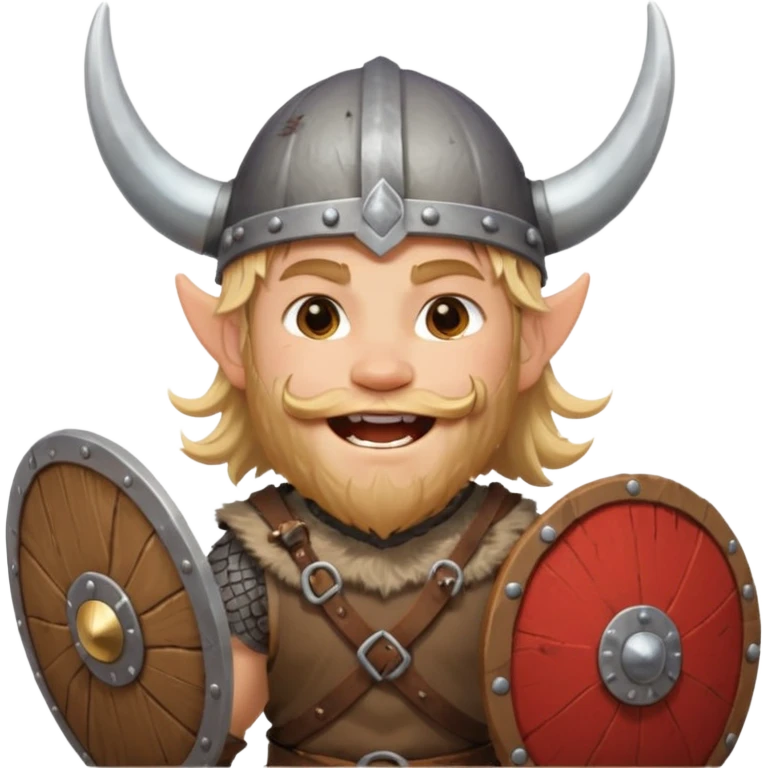 A young Viking warrior with messy hair painted cheeks, wooden shield, and fierce excited grin with horned helmet emoji