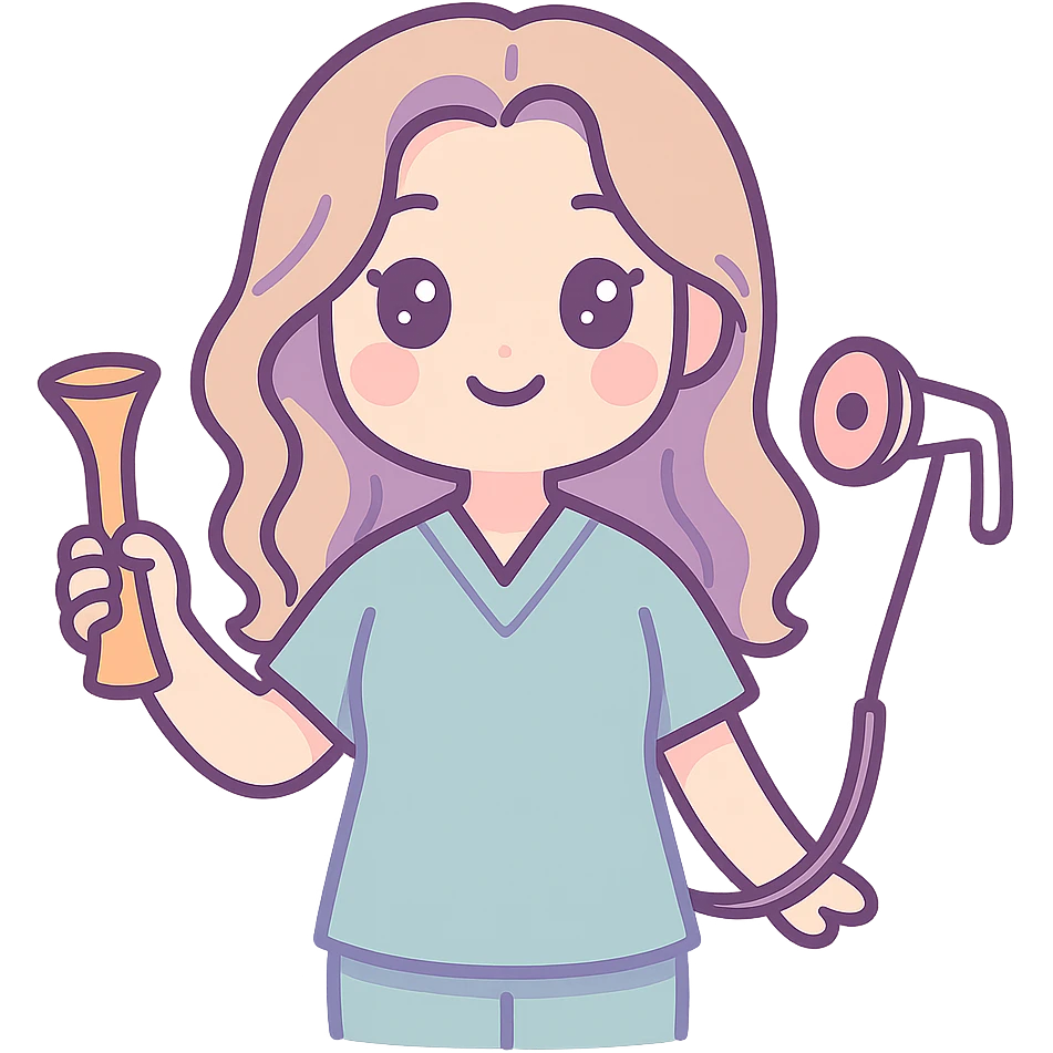 A kawaii style girl with appearance and clothing as in the reference, holding an obstetric stethoscope in one hand, the other hand down, smiling. Detailed shadows and highlights, thin clean contours, soft rounded shapes, pastel palette #98B5BC, #B5B3C1, #C9A3C9, #E4C0CA, #F7DCD1, #F7C0AA, soft lighting, transparent background, no decorative elements. emoji