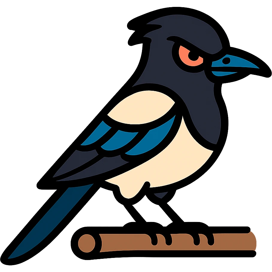 Make the magpie look evil with sinister eyes and a mischievous expression, no background. emoji