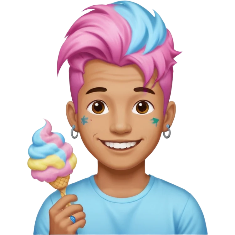 happy colorful haired man made out of cotton candy with braces and tattoos and just face not holting anything emoji