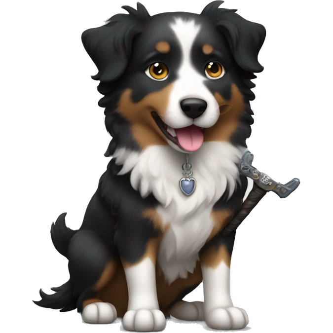 Small black australian shepherd dog with a sword emoji