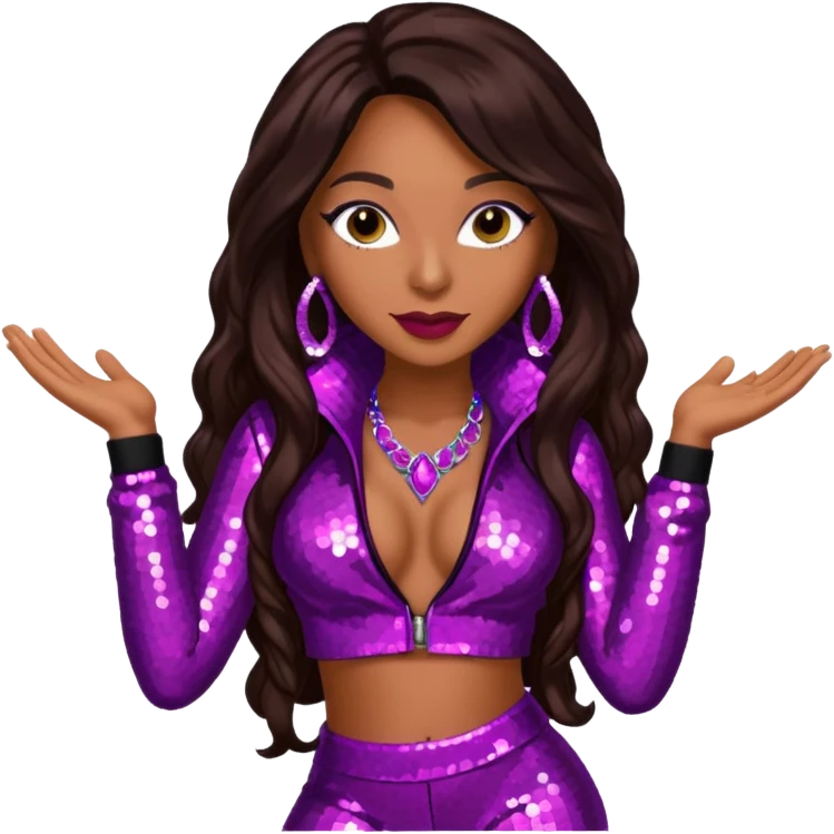 Mya, R&B Singer with dark brown long hair, meganta sequin outfit emoji