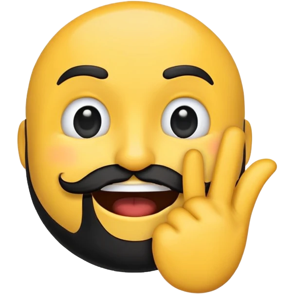 rounded yellow emoji face with a black beard, mouth facing to the side, raising one eyebrow, making a 'no' gesture with its hand emoji