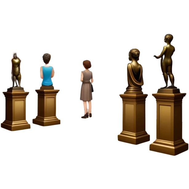 An icon featuring an elegant art gallery with classic paintings hanging on the walls, and sculptures displayed on pedestals. Visitors admire the exhibits, capturing the essence of culture, history, and art. Set against a transparent background. emoji