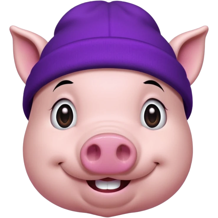 cheerful pig in a purple beanie, long black hair emoji