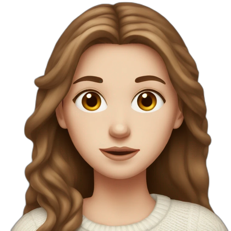  white girl with long brown hair, thin in a white sweater has heart eyes emoji