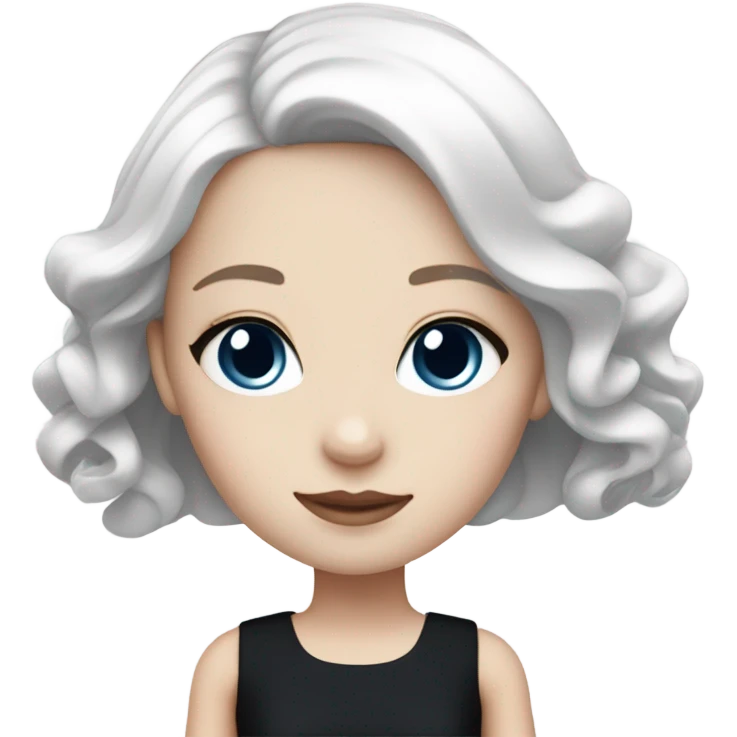 Pale girl, straight white hair, wide, dark blue eyes, doll-like makeup and a cute black dress emoji