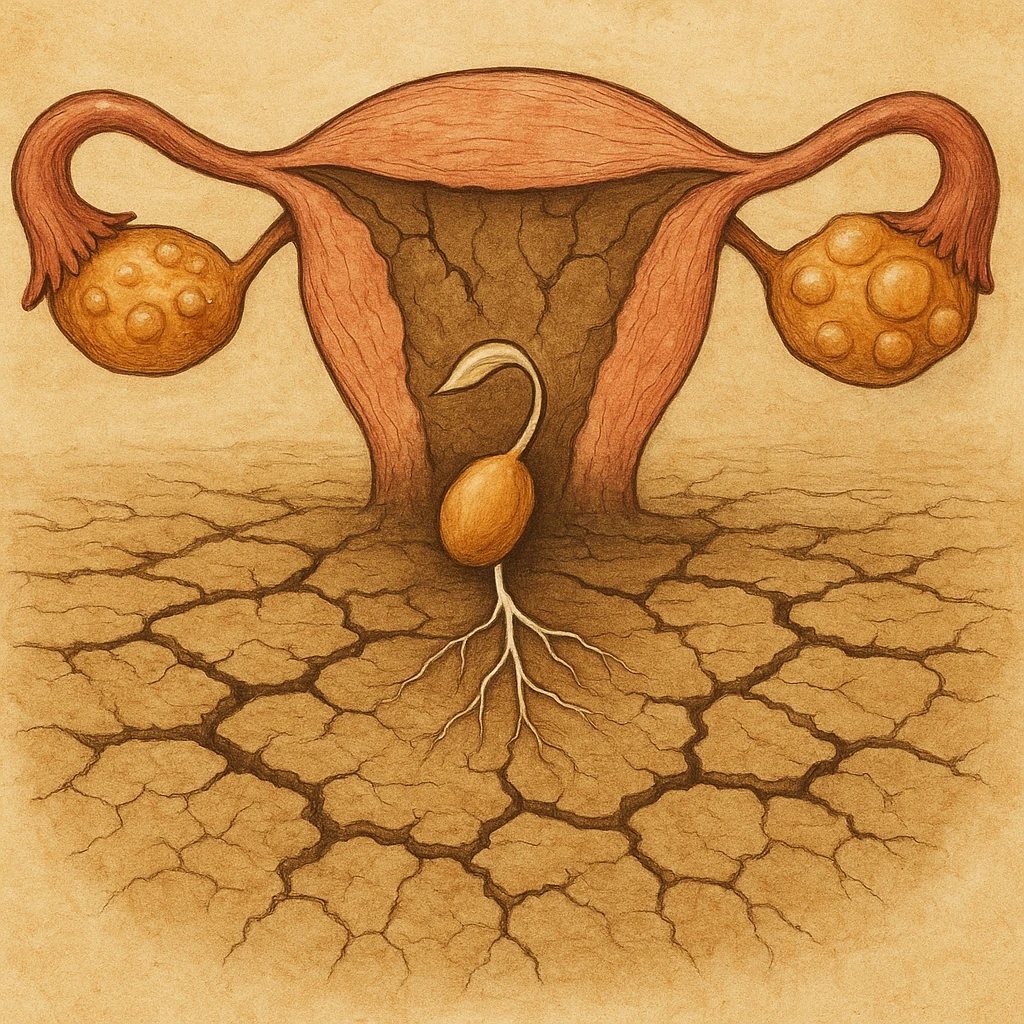 conceptual image of embryo represented as small seed unable to root in dry and cracked uterine soil, visible ovarian cysts, illustrative style emoji