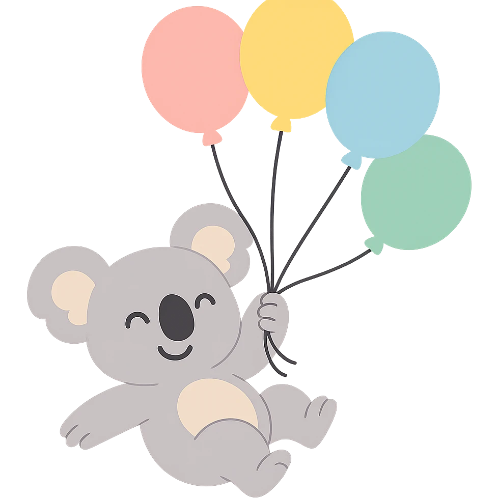 koala floating with pastel balloons, happy face, pastel-toon style emoji