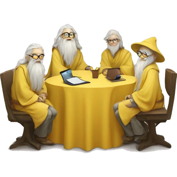 group of gandalfs, round yellow table, yellow clothes, glasses, macbooks emoji
