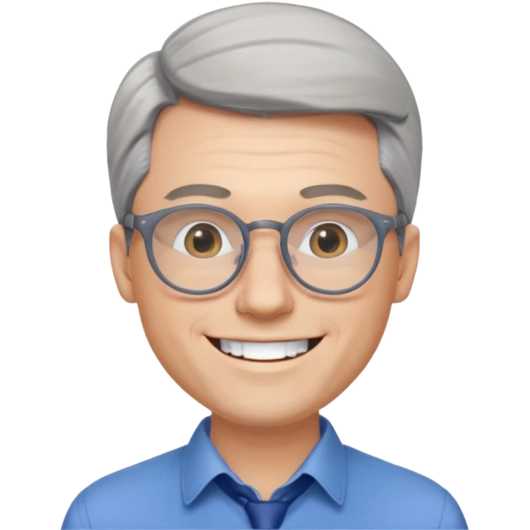 30 yr old pale white man, grey side swept hair, round glasses, big smile, white teeth, handsome, longer hair, thin glasses, blue dress shirt emoji