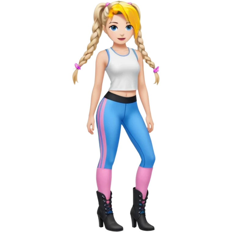 Beauty with blonde balayage and pink highlights long hair half braids with blue eyes wear White sexy top and black Leggins and Boots with heels emoji