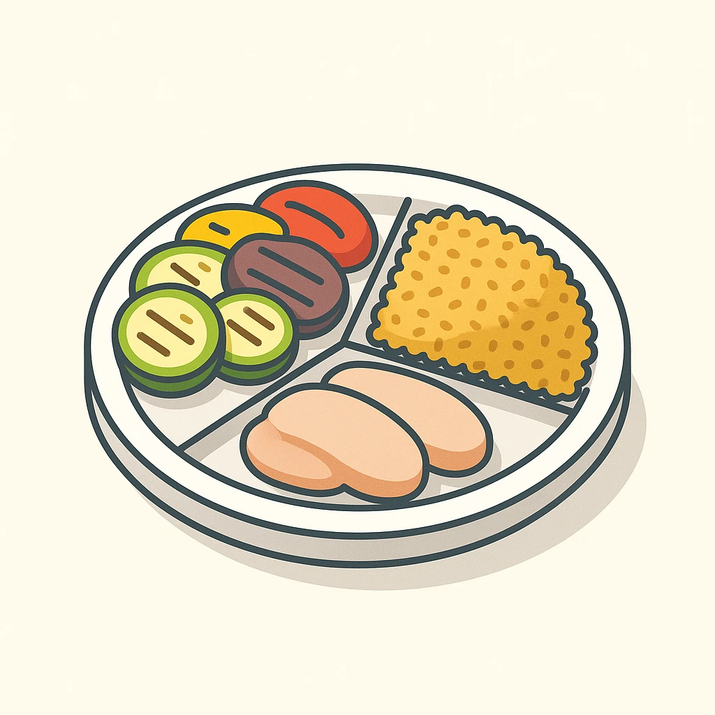 Harvard plate, half with grilled zucchini, eggplant, and bell peppers, one quarter with turkey breast slices protein, one quarter with bulgur complex carbs, 2D isometric illustration style emoji
