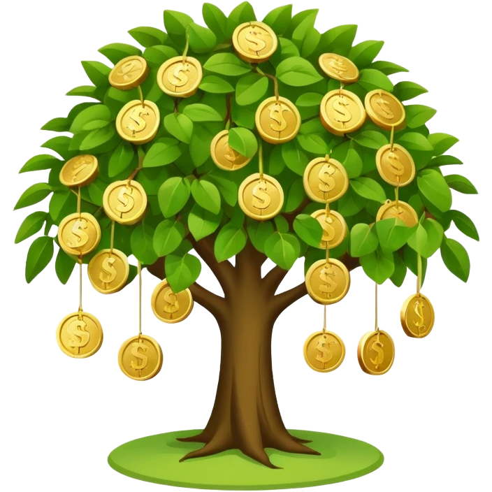 Apple-style money tree (not so mush coins), round soft green canopy.
No pot, no ground — only the tree.
Small gold coins as fruits inside the leaves (not below).
Flat 2D vector, clean shapes, no gradients.
Dark near-black background, premium fintech icon. emoji