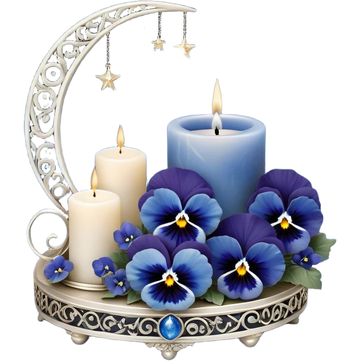 A dreamy celestial composition showcasing deep blue pansies with velvety petals, arranged around an intricately carved pearl-colored candle. The silver crescent moon in the background radiates a soft, celestial glow, illuminating swirling clouds with a hint of stardust. Floating lanterns drift gently through the night sky, casting warm, golden light. The scene is framed by delicate silver filigree patterns, giving it an elegant, almost magical feel. emoji
