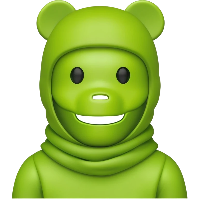 bearbrick toy wearing a lime green balaclava with relaxed but well-defined arched eyebrows visible above the mask emoji