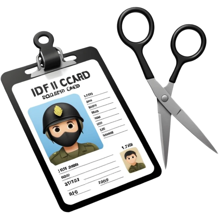 Floating black Scissors cutting an idf soldier ID card in 2 parts .hyper realistic emoji
