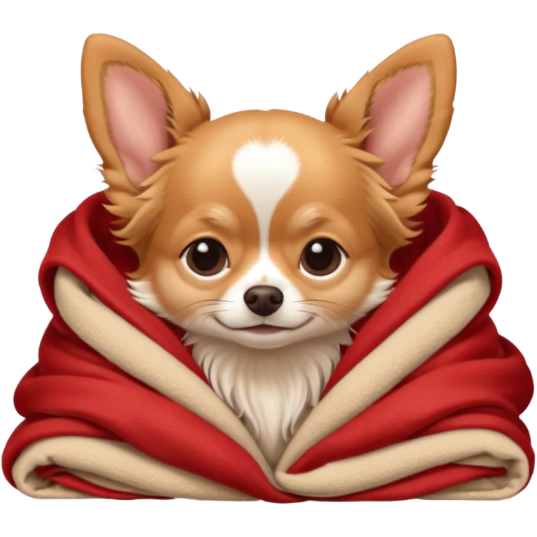 Long haired chihuahua, beige/redhaired, head without white markings, with white chest and white socks, head without white, sleeping cutely under blanket emoji