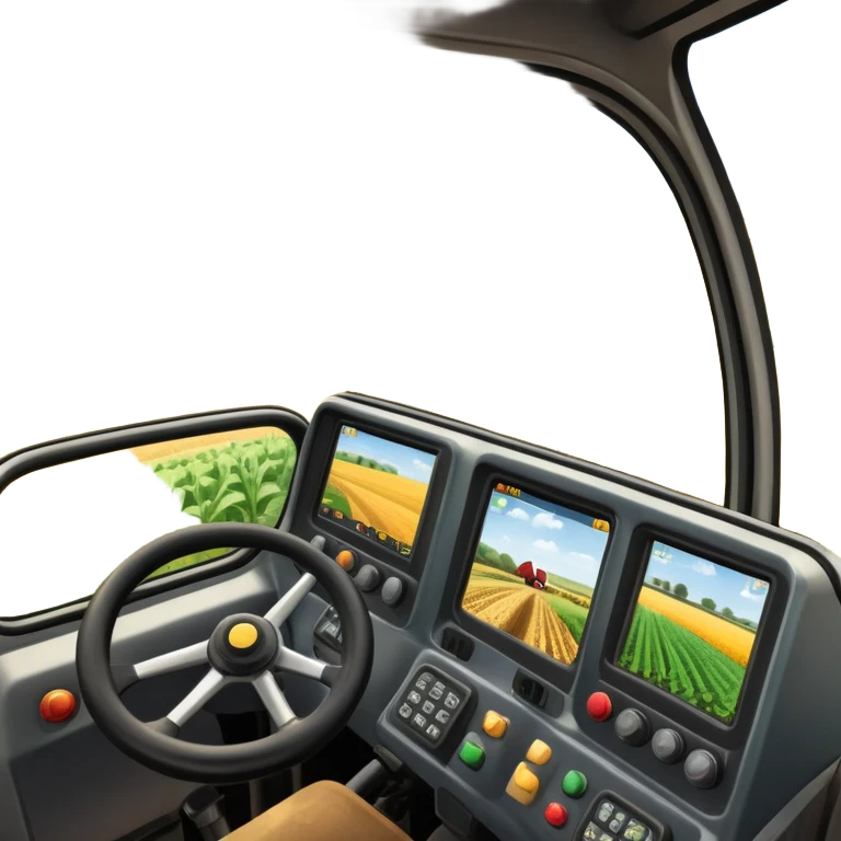 a view from the tractor cabin, with the dashboard in focus, overlooking a vibrant rural landscape. Inspired by Farming Simulator 22, the scene includes fields, crops, and distant barns under a bright sky. The design highlights the immersive experience of farm management. transparent background emoji