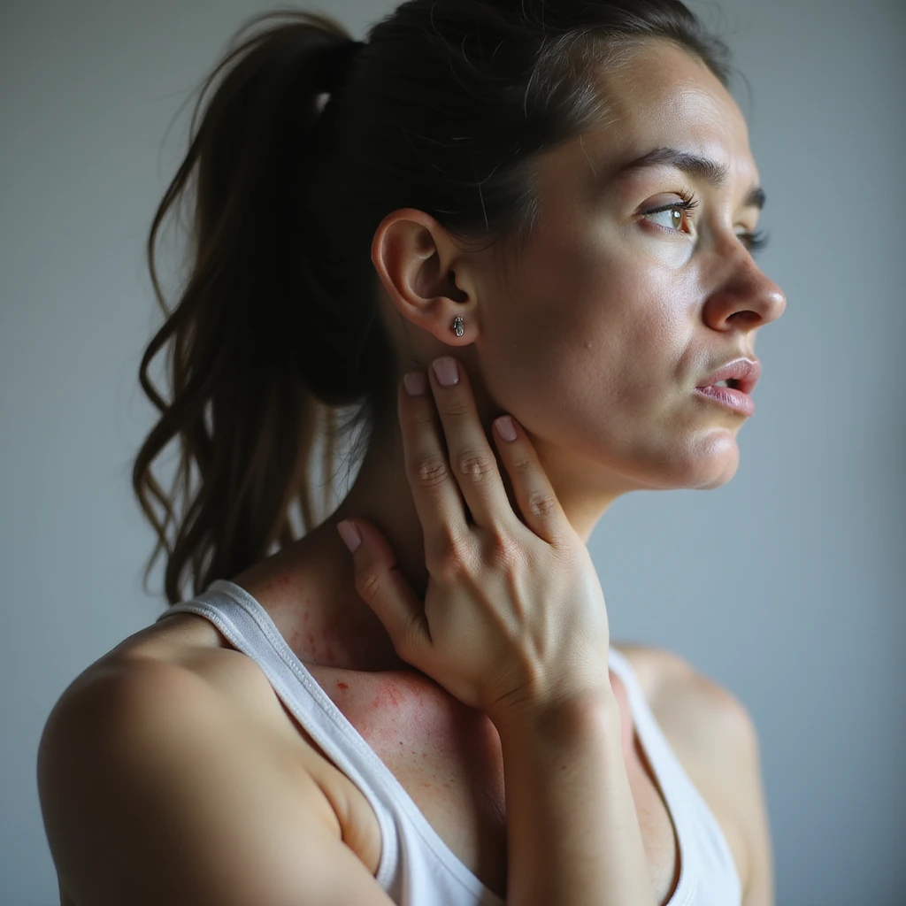 hyperrealistic 4K quality profile view of a woman with a suffering expression, one hand on the nape, tense and reddened neck and shoulder muscles, realistic details, light background emoji