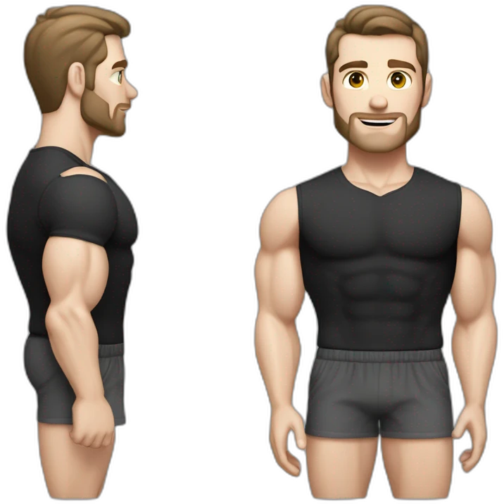 Pale skinned Fit Man With the biceps and dark brown hair in black shirt, gray sports shorts and white Sneakers emoji