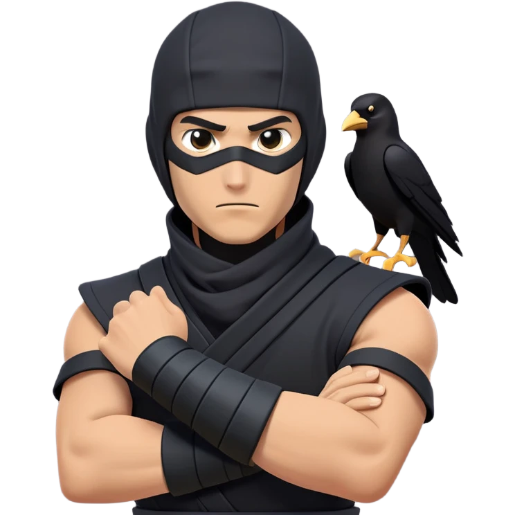 clash-of-clans-aesthetic_-cinematic-mysterious-male-ninja-portrait-emoji, rendered in a flat, vector-style with minimal shading and bold, simplified shapes, his arm is stretched out  with a head slightly turned revealing intense, focused eyes. the ninja has his arm out and perched on top of his forearm is  a black crow emoji