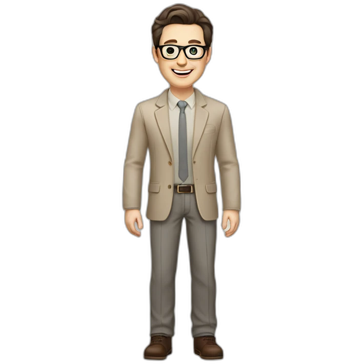 Joyful Full height Pale skinned Fit Man With dark brown hair in gray jacket, beige office shirt, Brown pants and vintage glasses. His thrumbs up emoji